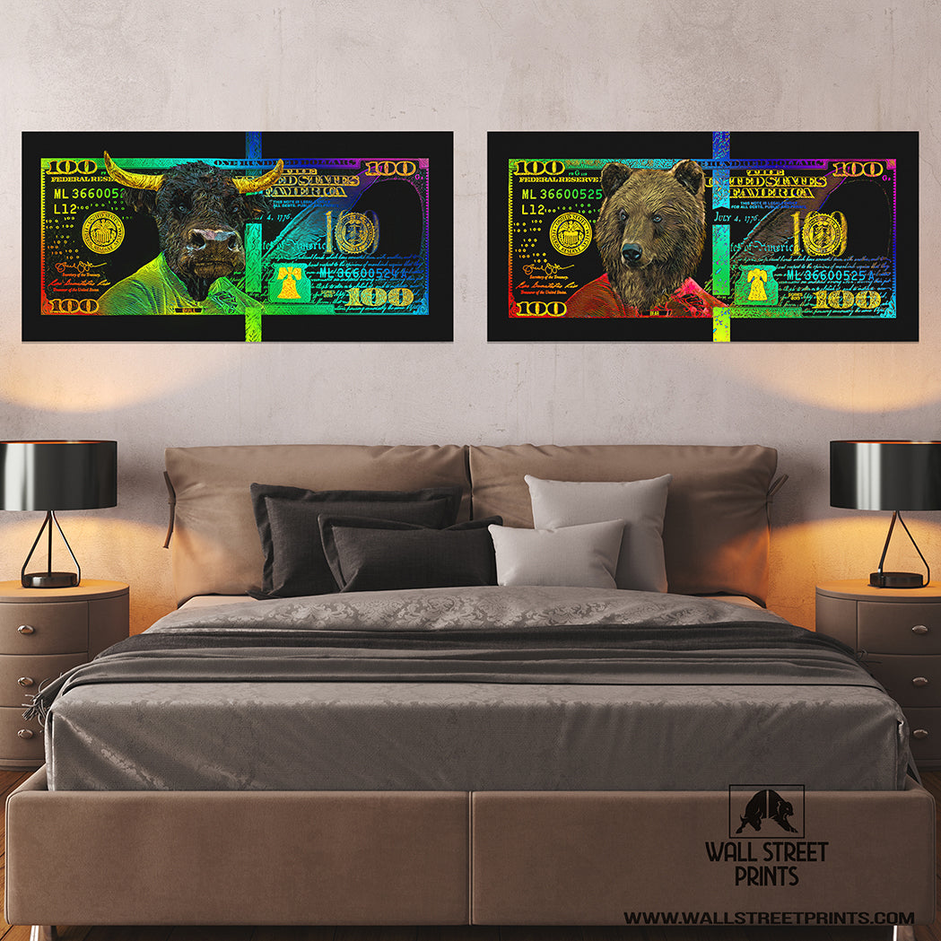 RAINBOW HUNDRED DOLLAR BULL & BEAR SET Wall Street Prints