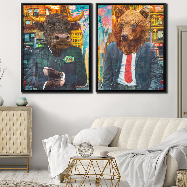 stock market trader canvas art above white couch