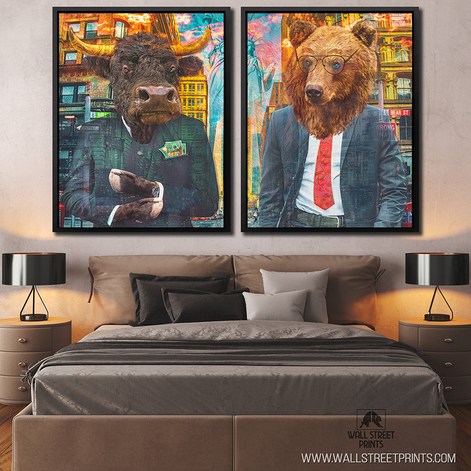 framed bull and bear art over bed on dark background