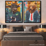 framed bull and bear art over bed on dark background