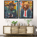 framed canvas art bull and bear wall street art over white background