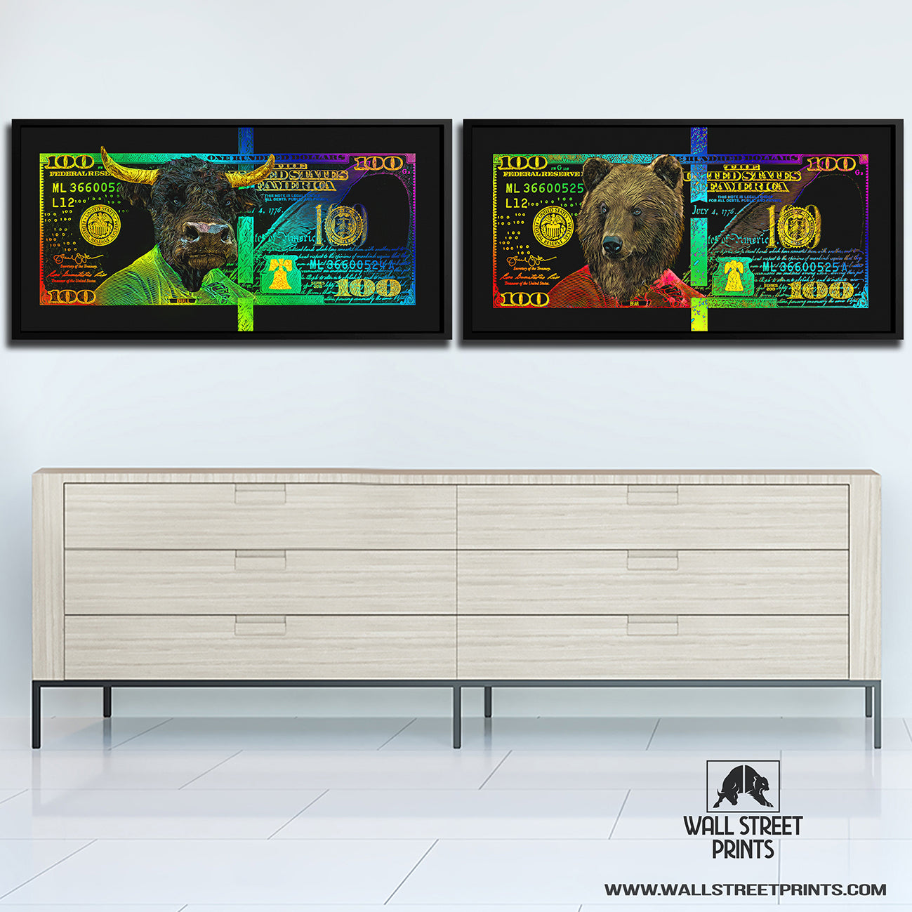 RAINBOW HUNDRED DOLLAR BULL & BEAR SET Wall Street Prints