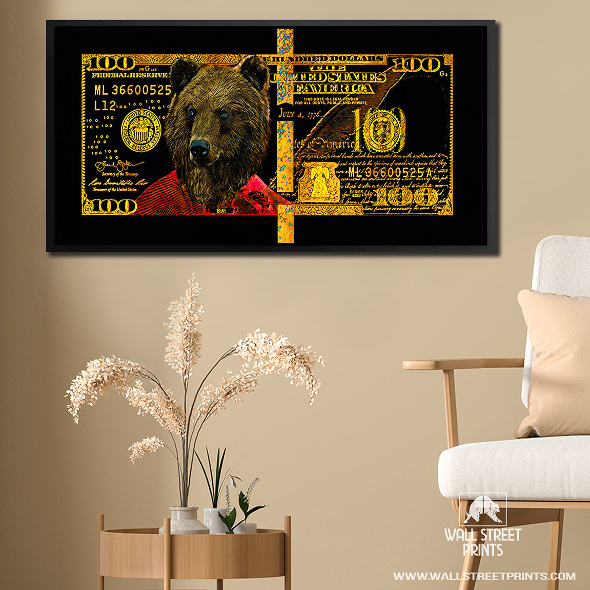 GOLD RED HUNDRED DOLLAR BEAR Wall Street Prints