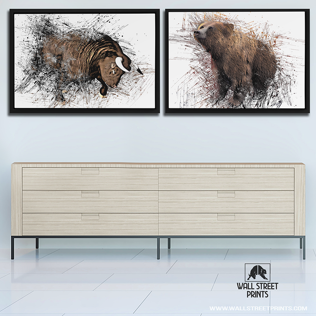 framed bull and bear with custom brushstrokes