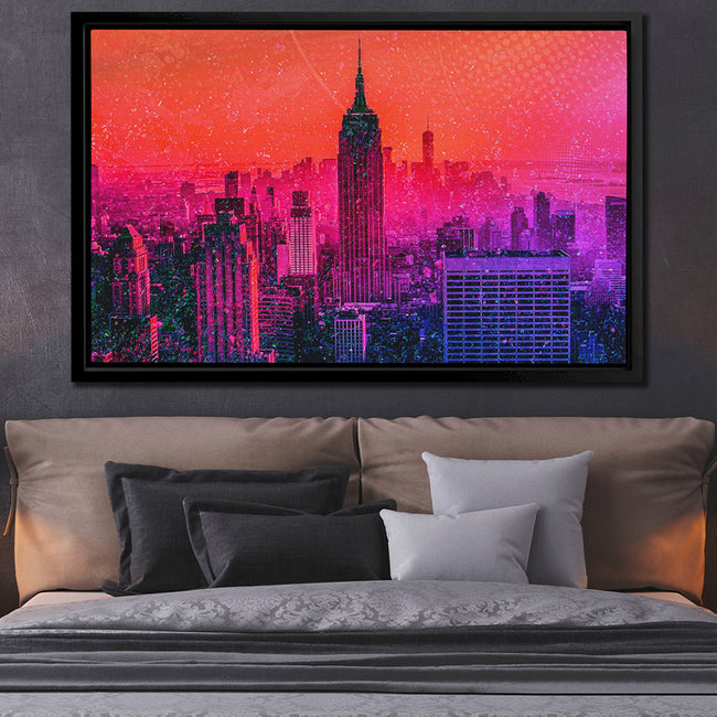 Framed NYC Skyline Canvas Art over a bed