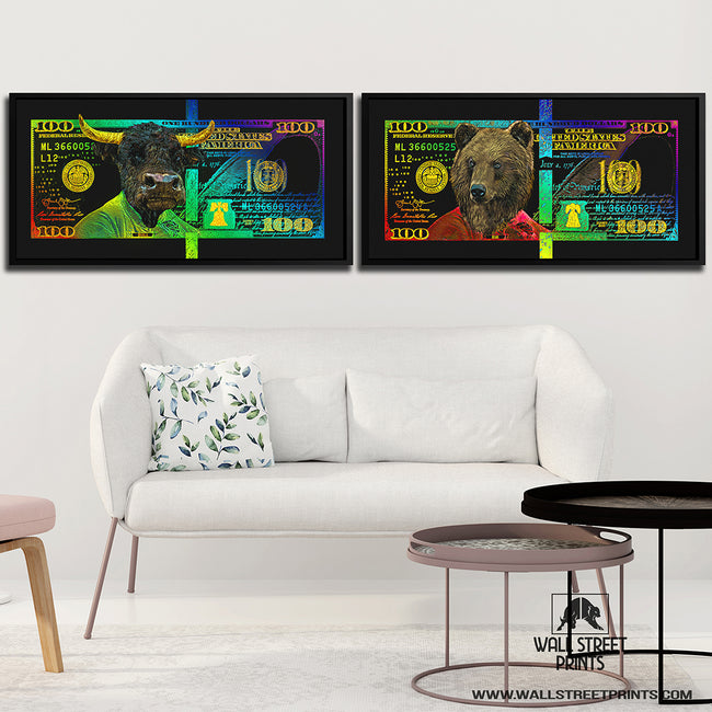 RAINBOW HUNDRED DOLLAR BULL & BEAR SET Wall Street Prints