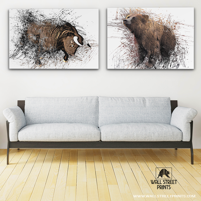 unframed bull and bear artwork