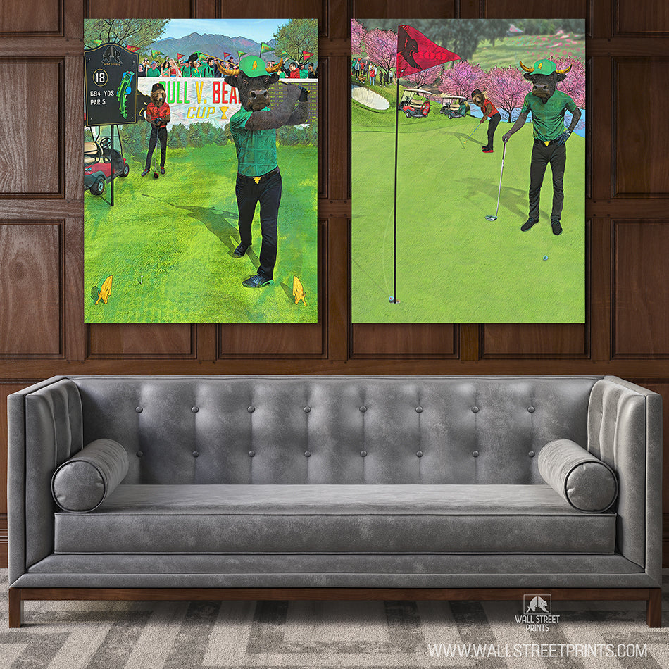unframed canvas art 2 piece set over dark background and gray couch