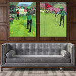 unframed canvas art 2 piece set over dark background and gray couch