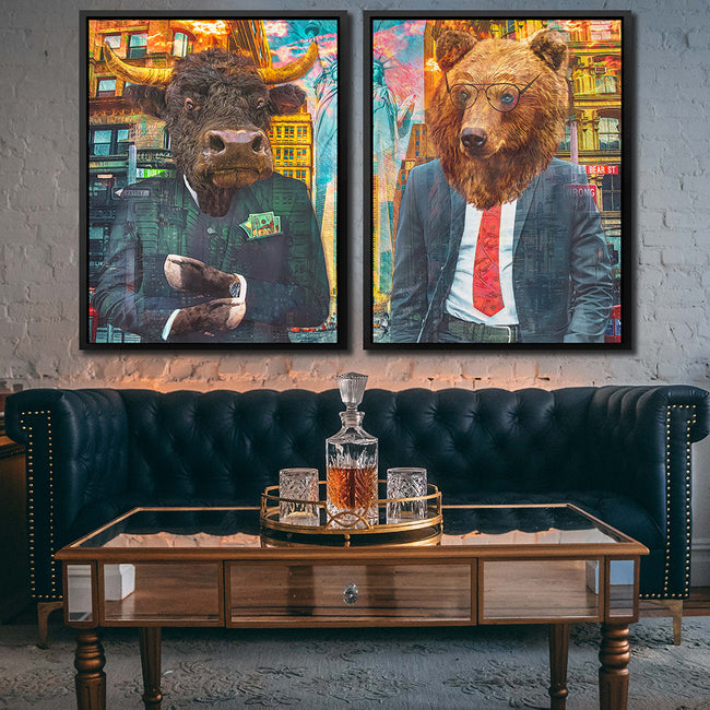 modern wall street traders canvas art above man cave setting