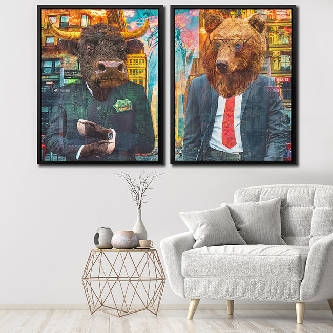bull and bear art above white couch