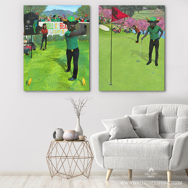 unframed bull and bear golfers over white couch